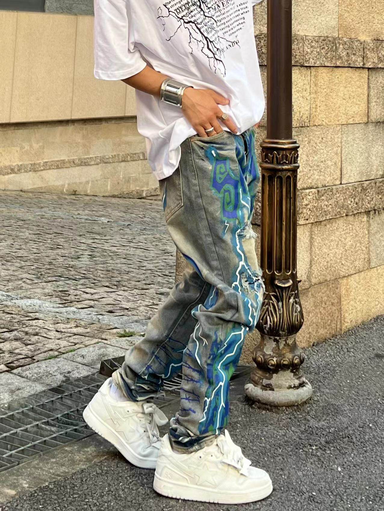 Lightning Print Damage Washed Wide Leg Denim Jeans WN24132