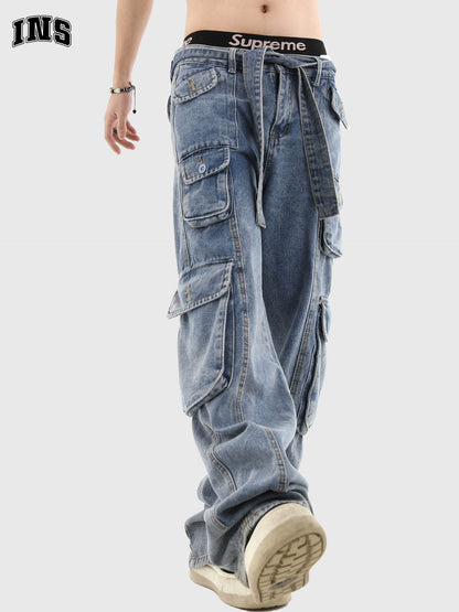 3D Multi Pocket Washed Wide-Leg Straight Cargo Denim Jeans WN7234