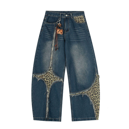 Leopard Print Cross Wide Leg Denim Jeans WN25579
