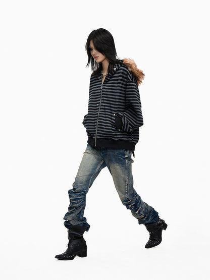 Fur Collar Stripe Oversize Zipper Hoodie WN27336
