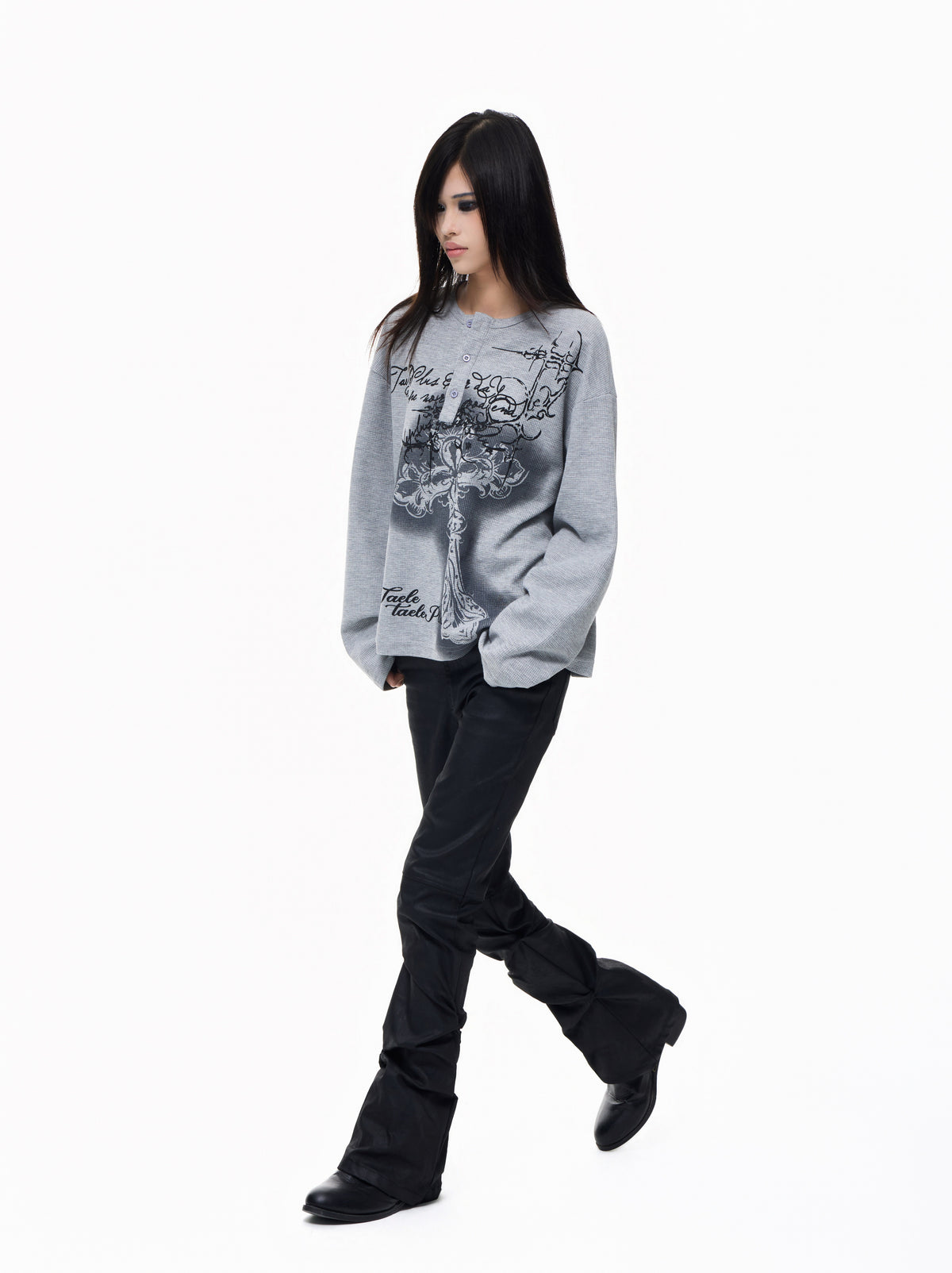 Henley Neck Cross Print Waffle Oversize Long Sleeve T-Shirt WN27277