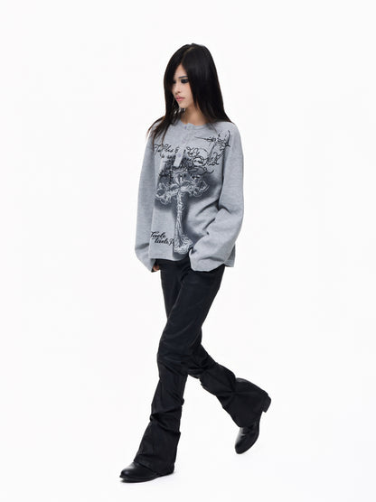 Henley Neck Cross Print Waffle Oversize Long Sleeve T-Shirt WN27277