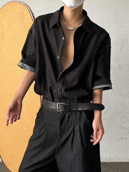 Washed Denim Short Sleeve Shirt & Wide Leg Denim Half Jeans Setup WN19956