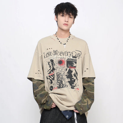 Camouflage Fake Layered Damage Hole Long Sleeve T-Shirt WN21037