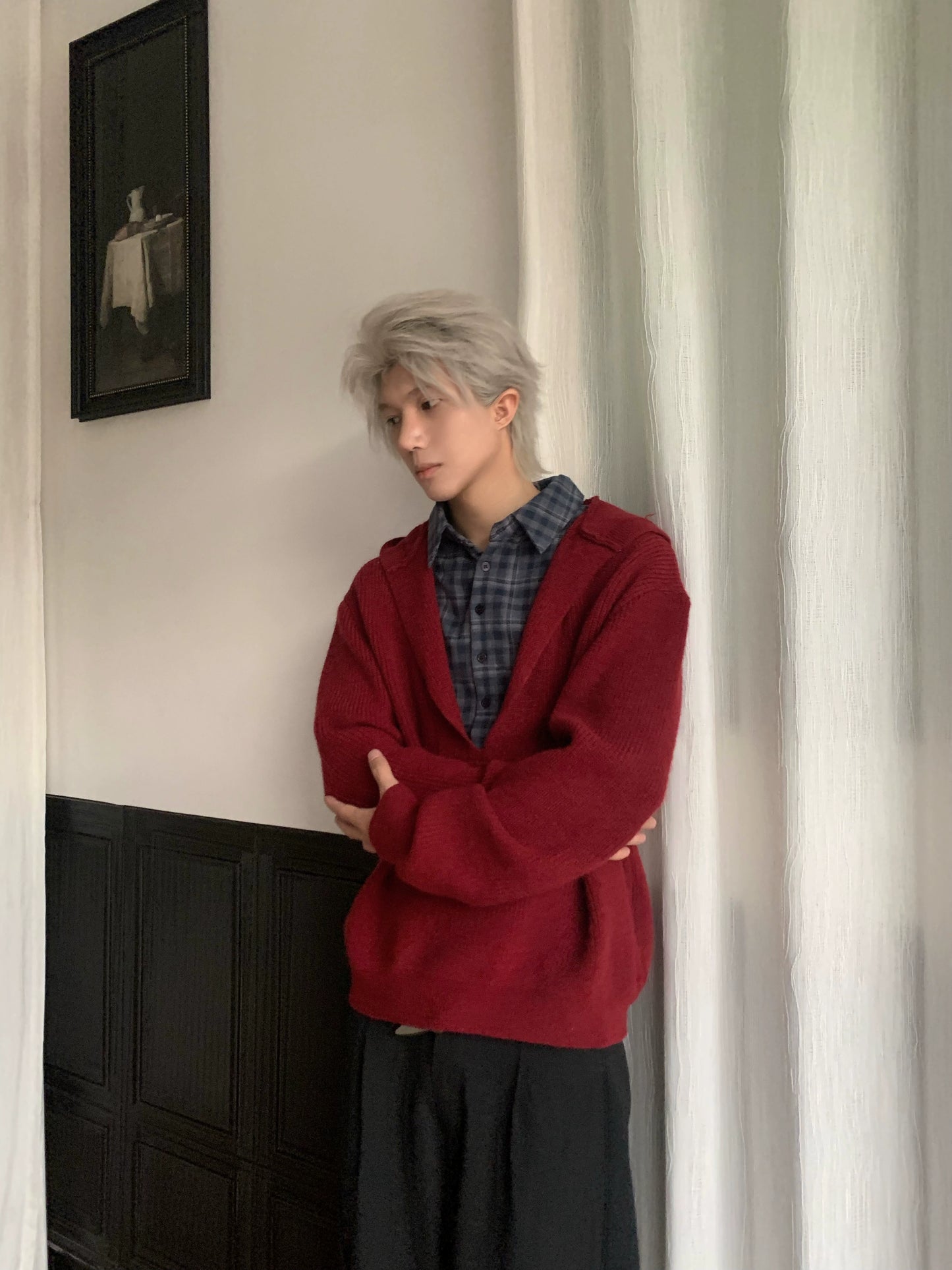 Plaid Patch Fake Layered Hooded Knit Sweater WN22228