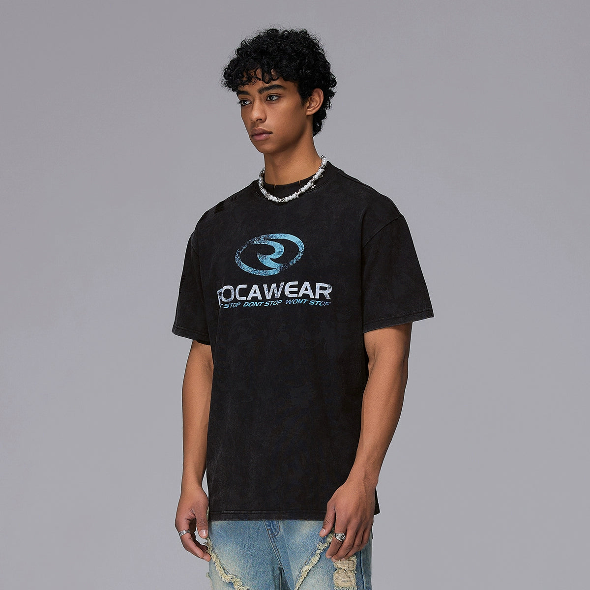 Metal Stud Design Paint Washed Damage Oversize Short Sleeve T-Shirt WN17845