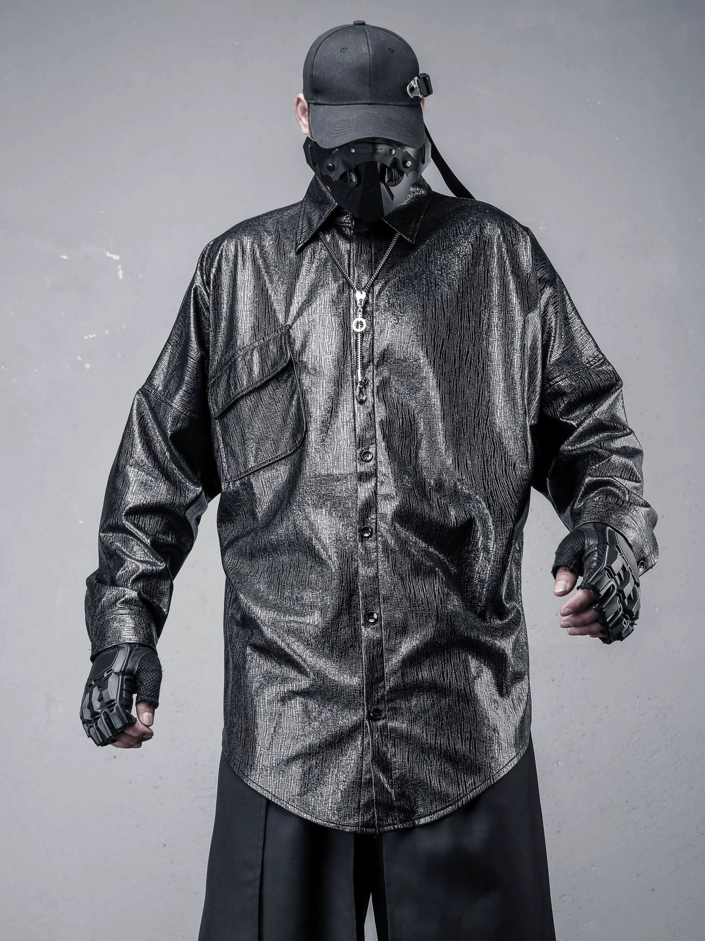 PU Leather Gloss Oversize Long Sleeve Shirt WN22322