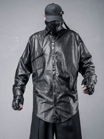PU Leather Gloss Oversize Long Sleeve Shirt WN22322