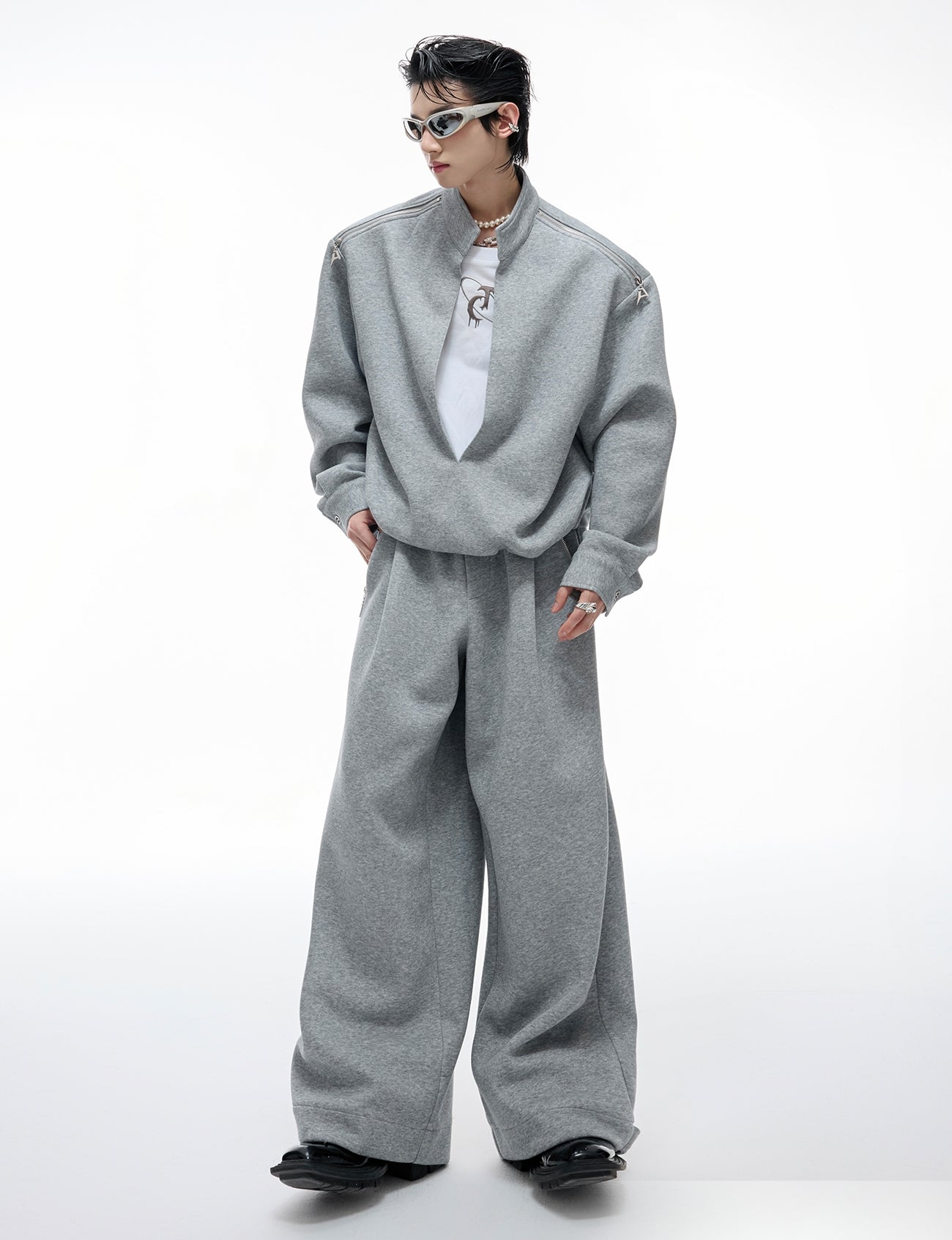 Fake Layered Zipper Design Sweatshirt & Wide Leg Sweatpants Setup WN20542