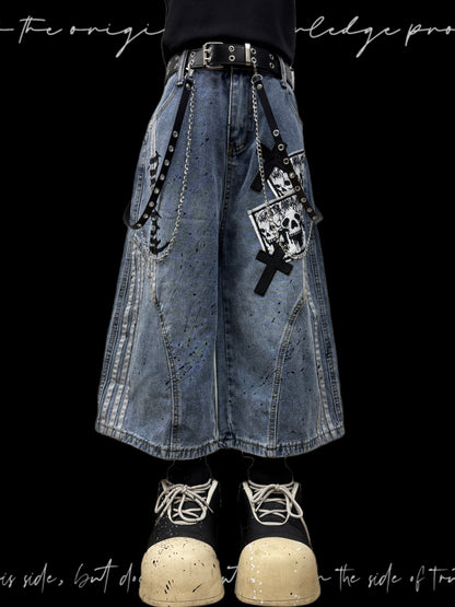 Cropped Paint Stripe Patch Wide Leg Denim Jeans & Skull Belt & Cross Belt & Belt Chain WN23833