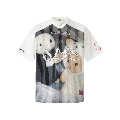 Kitty Cartoon Print V-Neck Oversize Short Sleeve T-Shirt WN26569
