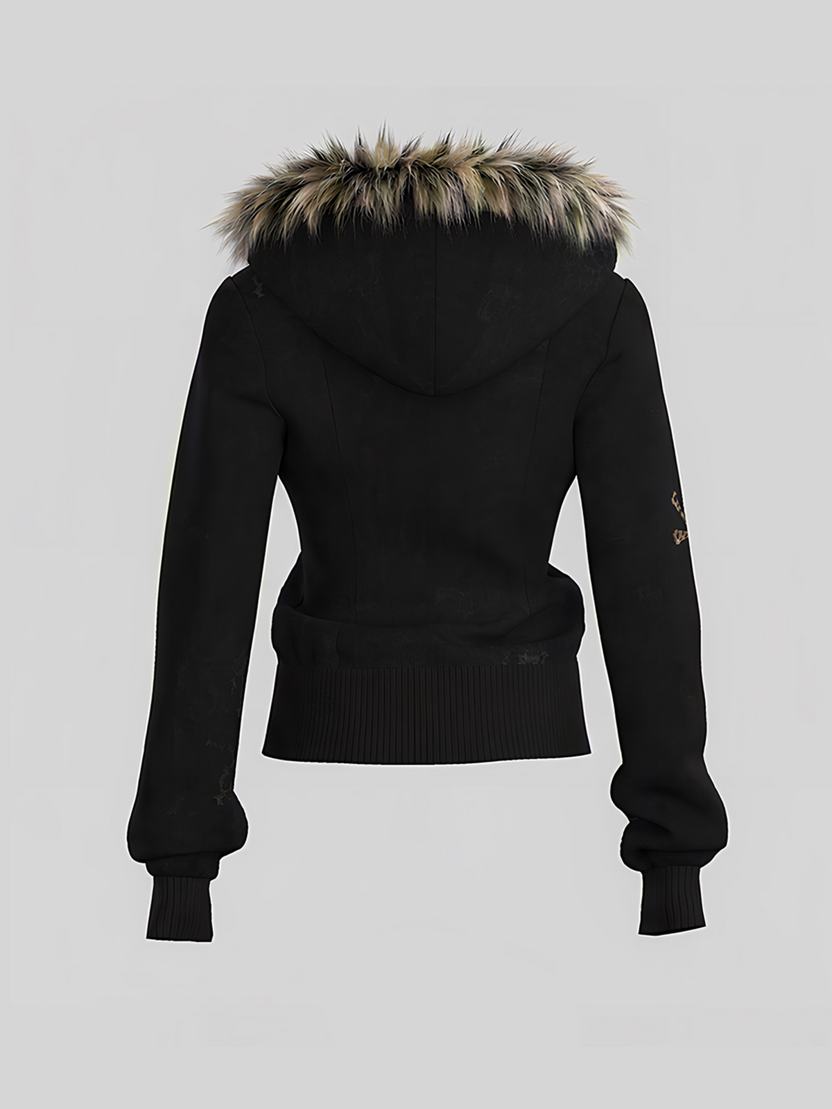 Fake Fox Fur Trim Skeleton Graphic Cropped Zipper Hoodie WN27097