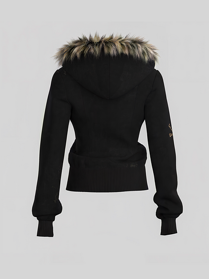 Fake Fox Fur Trim Skeleton Graphic Cropped Zipper Hoodie WN27097