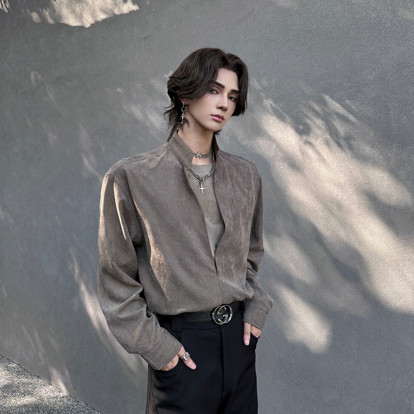 Oversize Deep V-Neck Long Sleeve Shirt WN25152