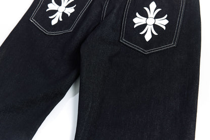 Color Block Embroidery Wide Leg Curved Denim Jeans WN25864