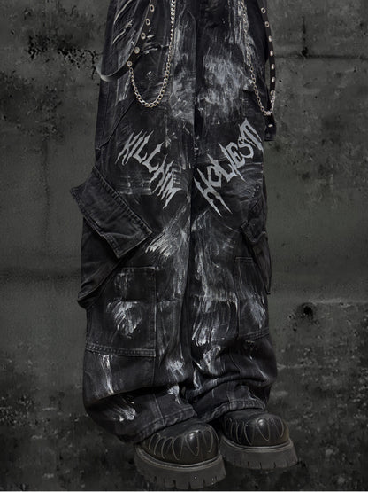 Paint Print Cargo Wide Leg Denim Jeans & Skull Belt & Belt Chain WN23787