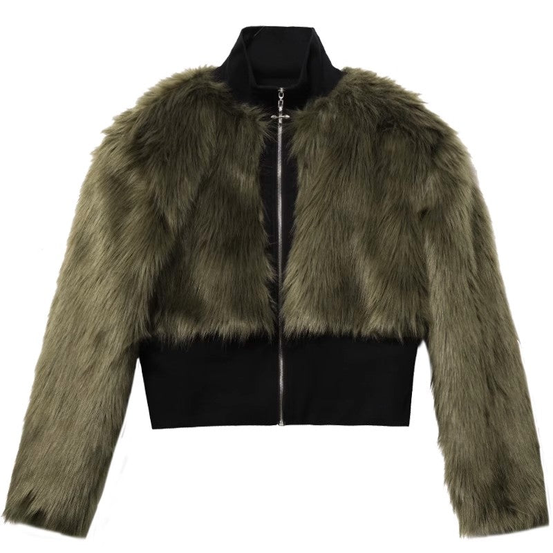 High Neck Shoulder Pad Furry Jacket WN6848