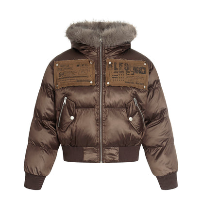 Patchwork Fur Collar Cropped Hooded Short Puffer Jacket WN22757