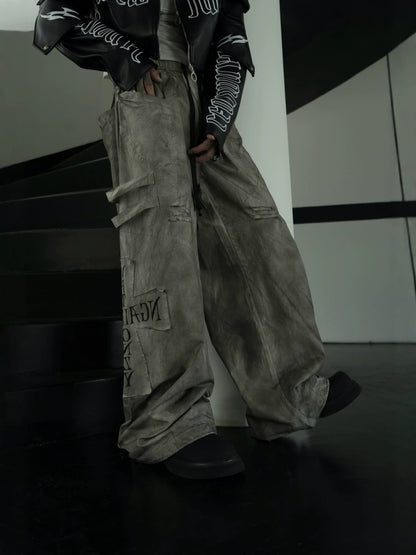 Dirty Dye Patchwork Print Wide Leg Cargo Pants WN27837