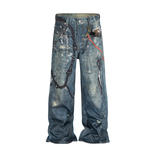 3D Print Washed WASHED WADE-LEG DENIM JEANS WN11346