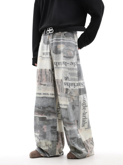 Newspaper Print Wide-Leg Straight Pants WN10510