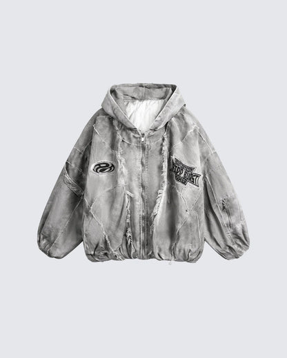 Washed Graphic Pocket Detail Hooded Jacket WN27967