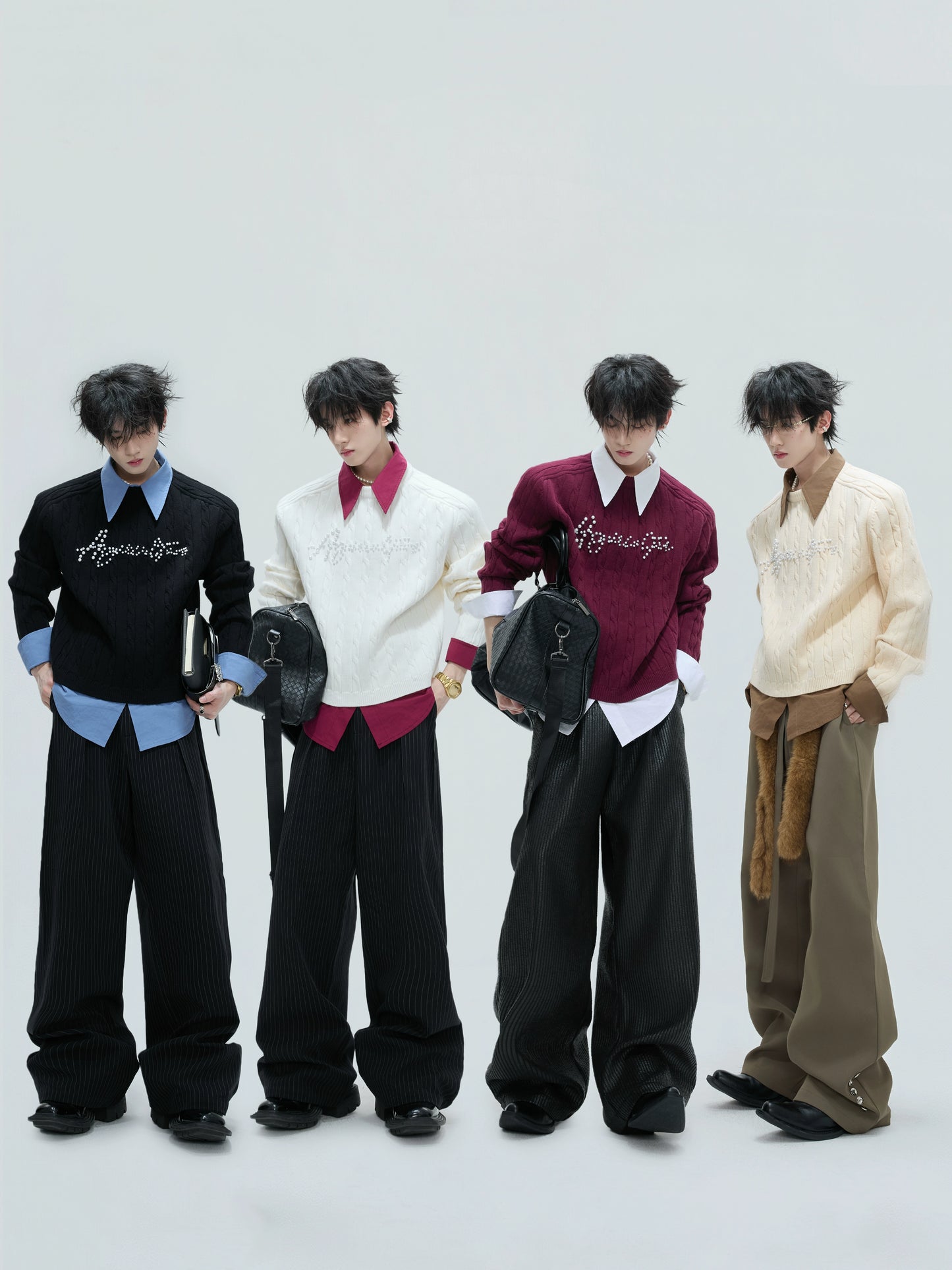 Fake Layered Pearl Embellished Thick Knit Sweater WN21721