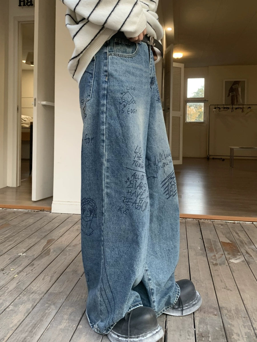 Graffiti Design Washed Wide Leg Denim Jeans WN19851