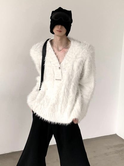 V-neck Fake Fur Oversize Knit Sweater WN9199