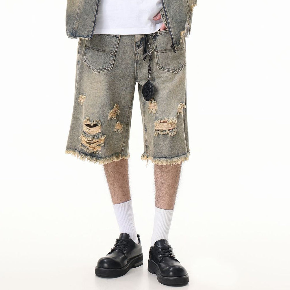Washed Damage Wide Leg Denim Short Pants WN25596