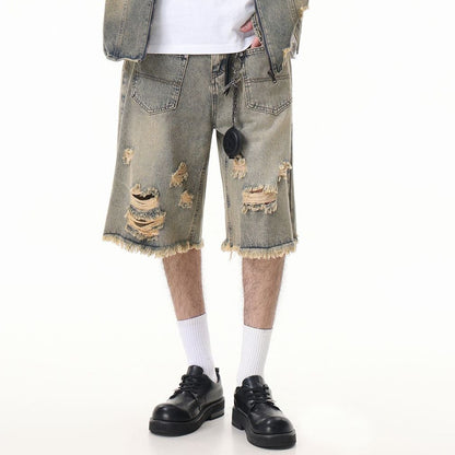 Washed Damage Wide Leg Denim Short Pants WN25596