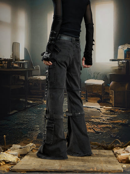 Deconstruction Ribbon Strap Flare Denim Jeans WN22760