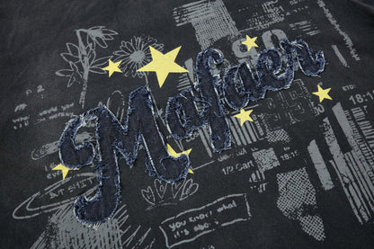 Star Applique Embroidery Washed Short Sleeve T-Shirt WN25651