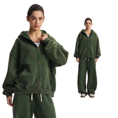 Fleece Lining Zip-Up Wax Dye Zipper Hoodie & Wide Leg Pants Sweatpants WN23112