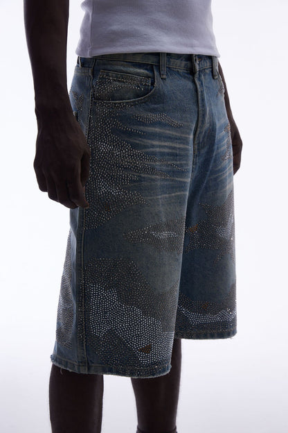 Rhinestone Camouflage Wash Denim Half Pants WN25558