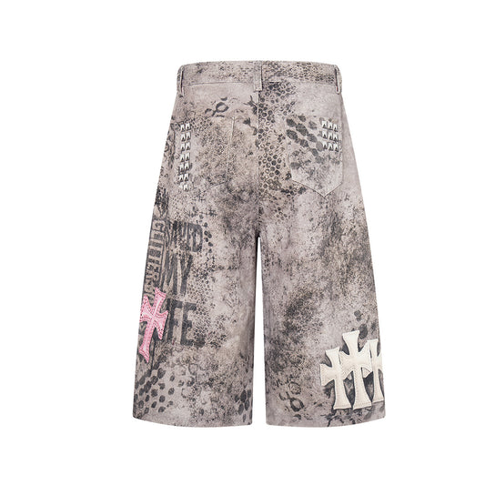 Camo Cross Graphic Denim Shorts WN25614