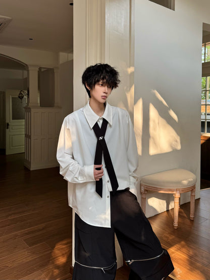 Design Cross Tie Oversize Long Sleeve Shirt WN23174