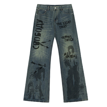 Graffiti Print Damage Wide-Leg Straight Denim Jeans WN11154