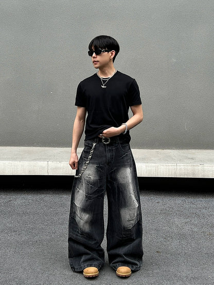 Lightning Pattern Baggy Denim Jeans WN19591