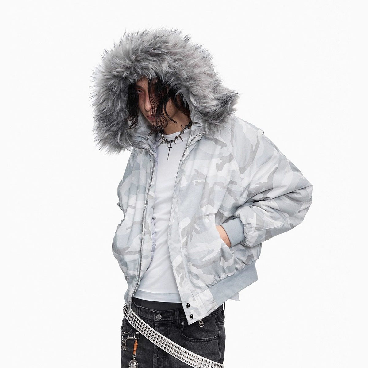 Camouflage Fake Fur Collar Cropped Puffer Jacket WN27364