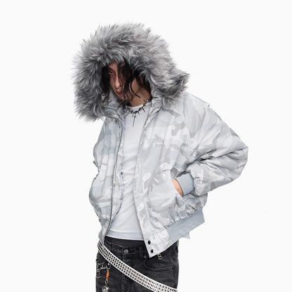 Camouflage Fake Fur Collar Cropped Puffer Jacket WN27364