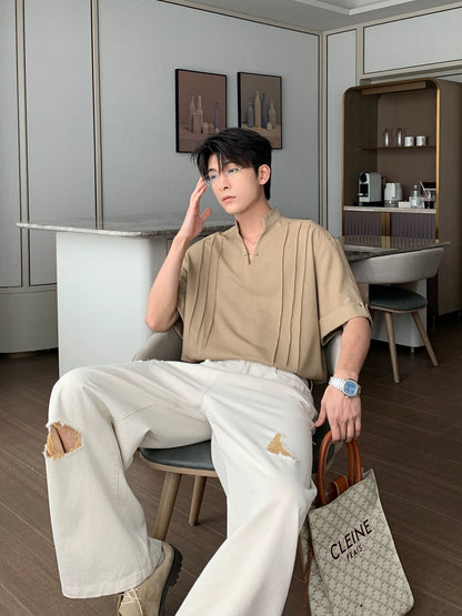 Standing Collar V-Neck Oversize Short Sleeve Polo Shirt WN20453