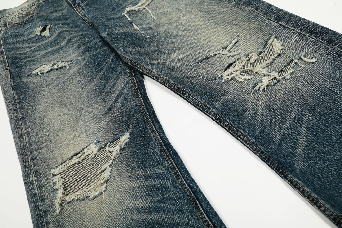 Damage Whisker Wash Straight Denim Jeans WN25951