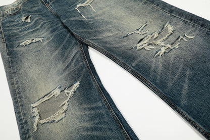 Damage Whisker Wash Straight Denim Jeans WN25951