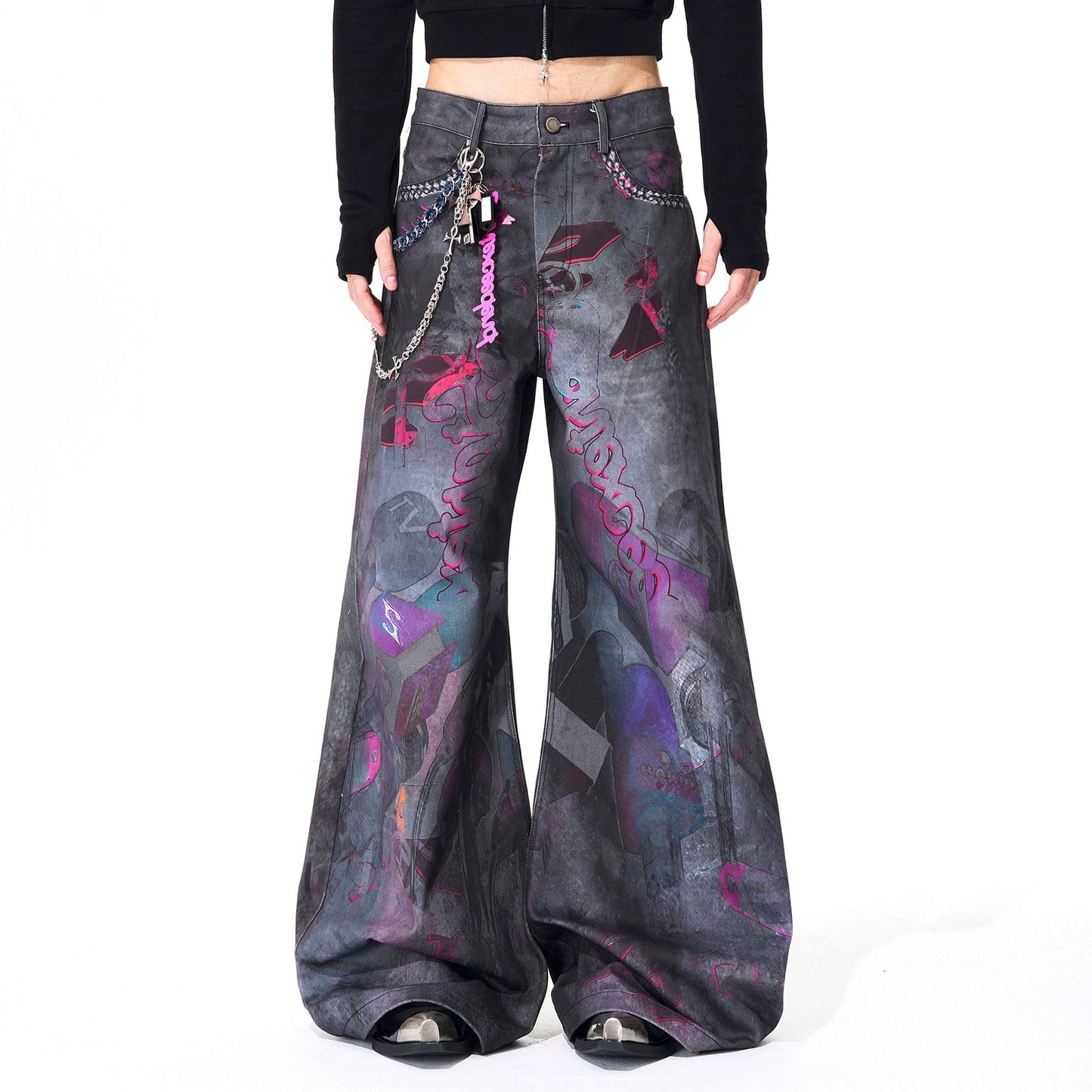 3D Print Damage Wide Leg Denim Jeans WN21845