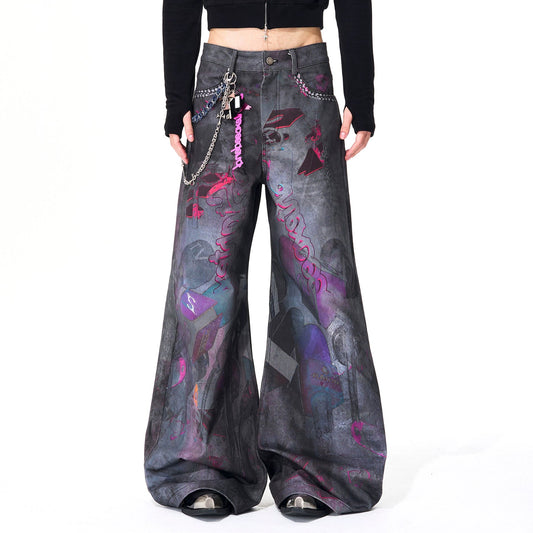 3D Print Damage Wide Leg Denim Jeans WN21845