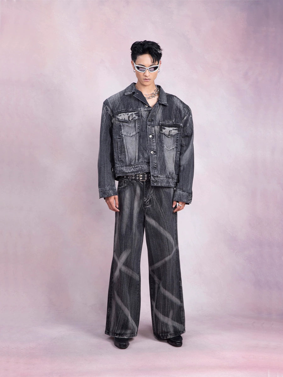 Hand-Painted Washed Denim Jacket & Wide-Leg Straight Denim Jeans Setup WN9229