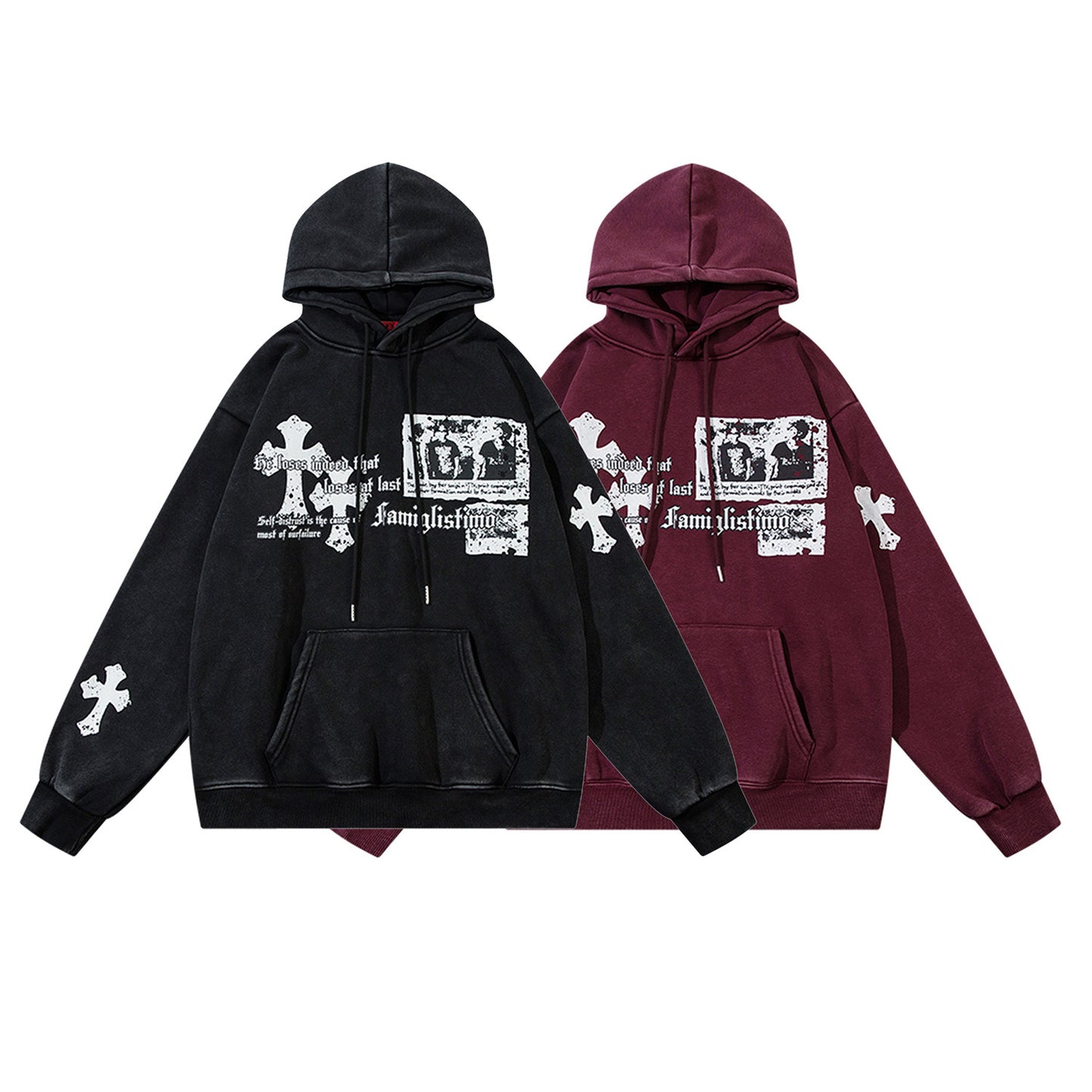 Washed Letter Print Fleece Lining Pullover Hoodie WN11498