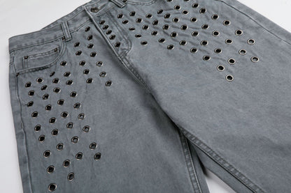 Washed Eyelet Wide Leg Denim Jeans WN25959