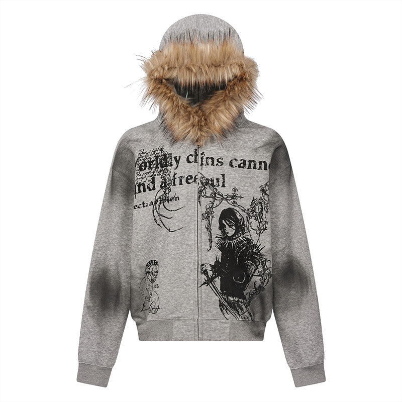 Fake Fur Collar Heavyweight Oversize Zipper Hoodie WN24276